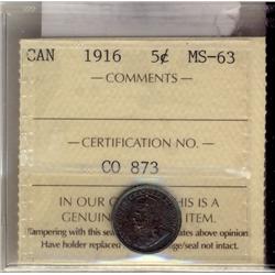 1916 5¢ ICCS MS63.  Superb intense blue and green shades.