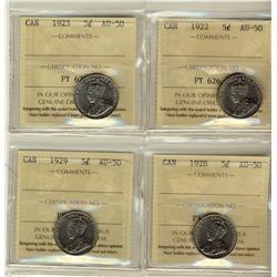 1922, 1923, 1928 & 1929 5¢ ICCS AU50.  Lot of 4 coins.