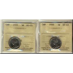 1930 EF45 & 1935 5¢ ICCS AU55.  Lot of 2 coins.
