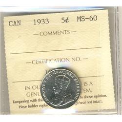 1933 5¢ ICCS MS60.  Extremely tough date to find in Mintstate condition.