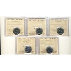 1948 5¢, 1952, 1953 NSF FL MS64 & 1955, 1957 MS65.  Lot of 5 coins all ICCS graded.