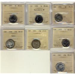 1956 PL65, 1988 MS66 NBU, 1957 & 1959 5¢ ICCS MS65.  Also includes 1921 F15, 1958 MS63 Cameo & 1967 