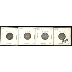 1871, 1880H, 1900, 1901, Grades vary from F12 to VF20. Lot of 4 10¢ pieces.