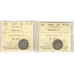 1880H 10¢ Obv 2  VF30 & 1881H Obv 2 VF20.  Lot of 2 ICCS graded coins.