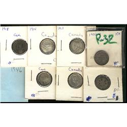 Lot of 8 Ten cent pieces.  Includes; 1902H, 1911, 1914, 1918, 1919, 1936, 1942, 1946.  Grades vary f