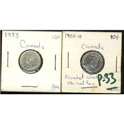 1902H, 1933 10¢, both EF-40 or better.  Brilliant.