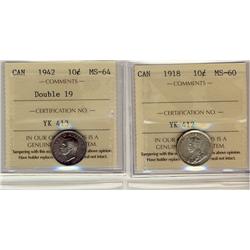1918 MS60 & 1942 Dbl 19 MS64 10¢.  Lot of 2 ICCS graded coins.