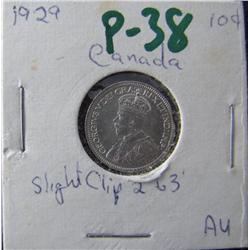 1929 10¢ MS62, clipped.  Rarely seen on early issues.  A nice ERROR coin.