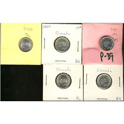 Lot of 5 Ten cent pieces.  Includes; 1947ML, 1949, 1950, 1951, 1952.  All MS63 or better.