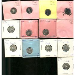 Lot of 13 Ten cent pieces.  Includes; 1947ML, 1953 SS, 1953 NSS, 1954, 1955, 1956 (2), 1957, 1963, 1