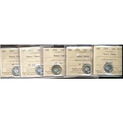 1955, 1956, 1962, 1964, 1965 ICCS PL66 Heavy Cameo,  Lot of 5 coins,