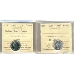 1964 10¢ MS66 & 1969 10¢ SmDate PL66 Heavy Cameo.  Lot of 2 coins both ICCS graded.