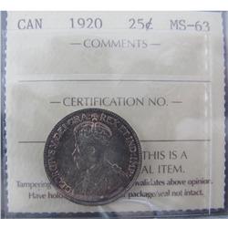 1920 25¢ ICCS MS63.  Very light hint of pink and gold tones.