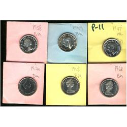 1947ML, 1949, 1958, 1965, 1968 Sil, 1970 25¢. Lot of 6 coins, all MS60 or better