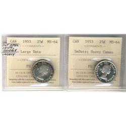 1953 25¢ Lr Date & SmDate Heavy Cameo MS64.  Lot of 2 coins both ICCS certified.