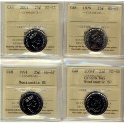 1979, 2001 & 2004P 25¢ ICCS MS65. Also includes 1991 25¢ MS67 NBU.  Lot of 4 coins.