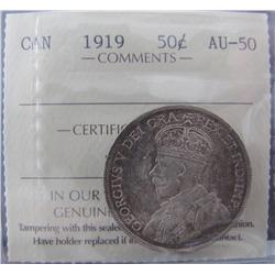 1919 50¢ ICCS AU50. Light pink and gold shades.