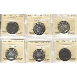 1945, 1947 ST 7, 1952, 1953 SD, 1953 LD SF, 1954, 50¢ all ICCS MS62,  Lot of 6 coins,