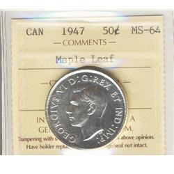 1947 50¢ Maple Leaf ICCS MS64 Fully Brillant