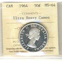 1964 50¢ ICCS MS64 Ultra Heavy Cameo.  Extremely rare to find Mintstate coins with Ultra Heavy + des