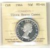 Image 1 : 1964 50¢ ICCS MS64 Ultra Heavy Cameo.  Extremely rare to find Mintstate coins with Ultra Heavy + des
