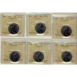 1993, 1994, 1995, 1996, 1997 & 2001P 50¢ MS65.  Lot of 5 coins.