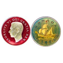 1949 $1 EF-AU Enameld coin. Painted in blue and geen colours.  Rarely seen.