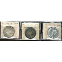 1965 LgBds Blt 5, Cam, 1966 & 1967 $1 ICCS MS64.  Lot of 3 coins.