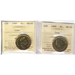 1989 & 1990 $1 Loon ICCS MS65.  Lot of 2 coins.