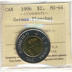 1996 $2 German Planchet ICCS MS64.