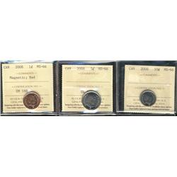 2008 1¢, 5¢ & 10¢ ICCS MS66.  Lot of 3 coins with the cent being of magnetic variety.