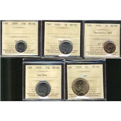 2009 1¢ to $1 all ICCS MS66.  Lot of 5 coins excluding the 50¢ and the cent is designated magnetic.