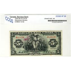 Barclays Bank 1935 $5 D113776 CH-30-12-02 CCGS VF20, closed nick, ink