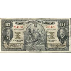 La Banque Canadienne Nationale 1935 $10 No.254123 CH-85-14-04 Original about EF