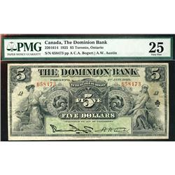 The Dominion Bank of Canada, 1925 $5 #658473 CH-220-16-14.  PMG VF25.