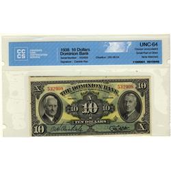 The Dominion Bank, 1938 $10 #532908, CH-220-28-04, CCCS UNC64.