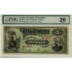 The Bank of Hamilton,  1892 $5 #154327, CH-345-16-02a PMG VF20. Rarely seen in this grade.