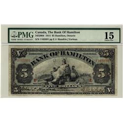 The Bank of Hamilton, 1914 $5 #1165891, CH-345-20-04, PMG CH F15.