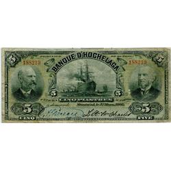 La Banque D'Hochelaga 1907 $5 #188219 CH-360-18-04 CCCS F15. Only 4 examples known. Best one seen ov
