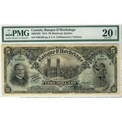 Banque D'Hochelaga, 1914 $5 #039100, CH-360-22-02 PMG VF20.  An attractive issue. Only 21 notes know