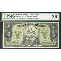 La Banque D'hochelaga 1917 $5 No.867526 CH-360-24-02 PMG VF20, nice a light stain on back