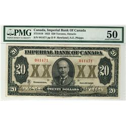 The Imperial Bank of Canada 1923 $20 No.041471 PMG AU50, very clean and choice.  Tiny tear at centre