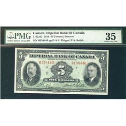 The Imperial Bank of Canada 1934 $5, CH-375-22-02, PMG VF35, very clean.