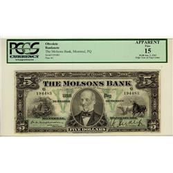 The Molsons Bank, 1912 $5 #194483, CH-490-32-02, PCGS F15 Minor edge tear.