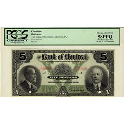 The Bank of Montreal, 1923 $5 Specimen Issue, PCGS CH AU58PPQ.