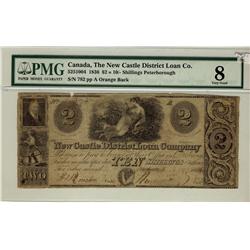 New Castle District Loan Company, 1836 $2 = 10/- Shillings, CH-525-10-04, PMG VG8.  Orange Back.