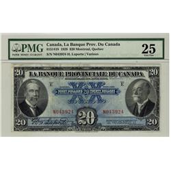 La Banque Provinciale du Canada, 1928 $20 #N043924, CH-615-14-18, PMG VF25.