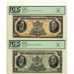 The Royal Bank of Canada 1927 $5 VF25 & 1927 $10 VF20.  Lot of 2 notes both PCGS graded.