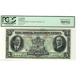 The Royal Bank of Canada, 1927 $5 #2576344, CH-630-14-04, PCGS AU58PPQ, looks Choice.