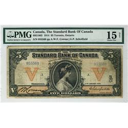 The Standard Bank of Canada, 1914 $5 #055560, CH-695-18-02, PMG F15, scarce date. Internal tear.